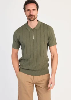 Kensington Eastside Khaki Cotton Short Sleeve Zip Neck Polo Shirt