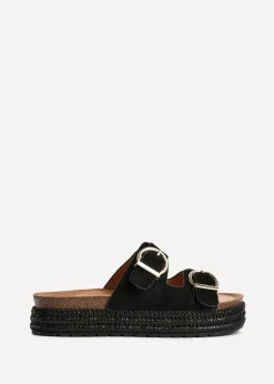 Linzi Alabama Black Faux Suede Double Buckle Plaited Flatform Slider