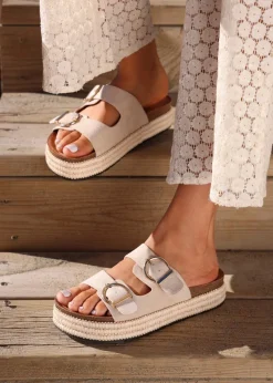 Linzi Alabama Sand Faux Suede Double Buckle Plaited Flatform Slider