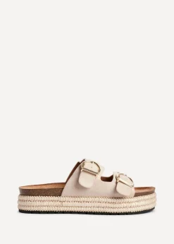 Linzi Alabama Sand Faux Suede Double Buckle Plaited Flatform Slider