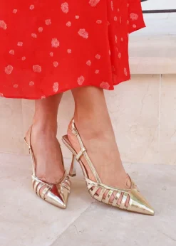 Linzi Alias Gold Faux Leather Cut Out Slingback Court Heels