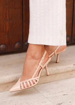 Linzi Alias Sand Faux Patent Leather Cut Out Slingback Court Heel