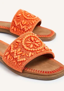 Linzi Aloha Orange Beaded Flat Slider Sandal