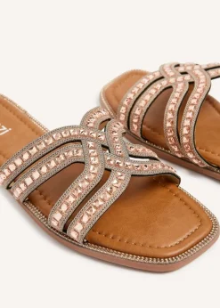 Linzi Alondra Rose Gold Diamante Embellished Flat Slider Sandals