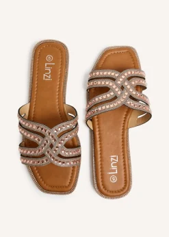 Linzi Alondra Rose Gold Diamante Embellished Flat Slider Sandals