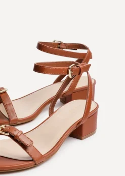 Linzi Amanza Tan Faux Leather Low Block Heeled Sandal