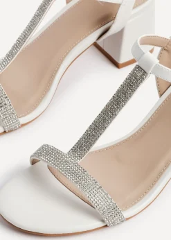 Linzi Amaya White Faux Leather T Bar Diamante Block Heeled Sandal