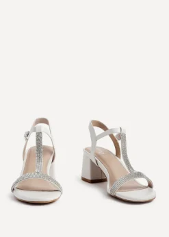 Linzi Amaya White Faux Leather T Bar Diamante Block Heeled Sandal