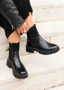 Linzi Andrea Black Faux Croc Patent Leather Silver