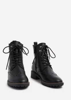 Linzi Ashleigh Black Faux Leather Lace Up Military Boot