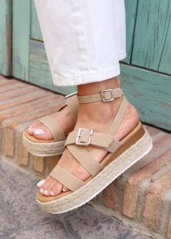 Linzi Autumn Beige Nubuck Strappy Flatform Sandal