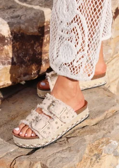 Linzi Bahama Beige Diamante Studded Double Buckle Flatform Slider Sandal