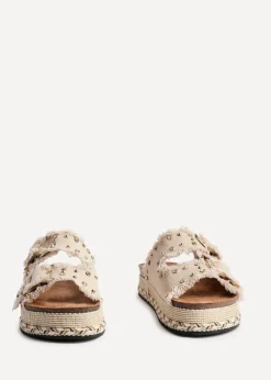 Linzi Bahama Beige Diamante Studded Double Buckle Flatform Slider Sandal