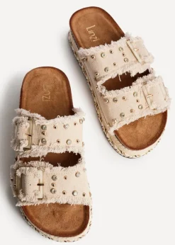 Linzi Bahama Beige Diamante Studded Double Buckle Flatform Slider Sandal