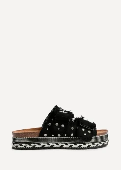 Linzi Bahama Black Diamante Studded Double Buckle Flatform Slider Sandal