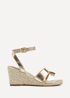 Linzi Bahia Gold Faux Leather Espadrille Inspired Wedge