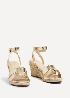 Linzi Bahia Gold Faux Leather Espadrille Inspired Wedge