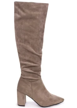 Linzi Bonnie Mocha Suede Block Heel Knee High Ruched Boot