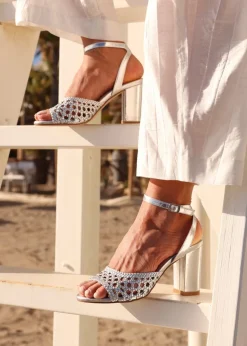 Linzi Bridget Silver Faux Leather Handwoven Block Heeled Sandal