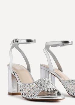 Linzi Bridget Silver Faux Leather Handwoven Block Heeled Sandal