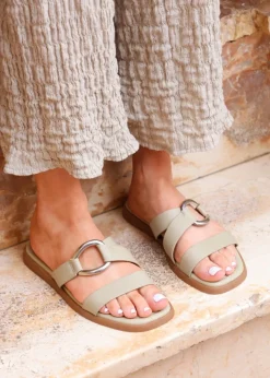 Linzi Cassandra Sage Green Faux Leather Double Strap Sandal