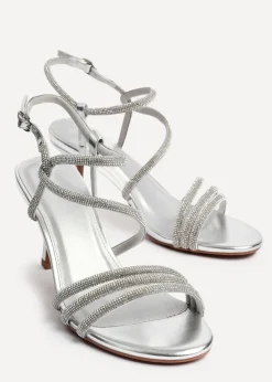 Linzi Charm Silver Faux Leather Strappy Diamante Heeled Sandal