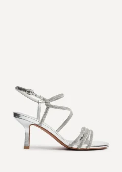 Linzi Charm Silver Faux Leather Strappy Diamante Heeled Sandal