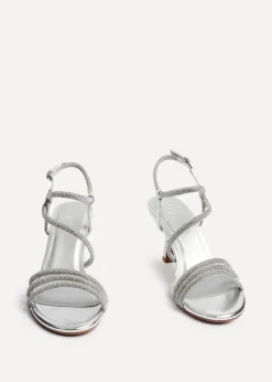Linzi Charm Silver Faux Leather Strappy Diamante Heeled Sandal