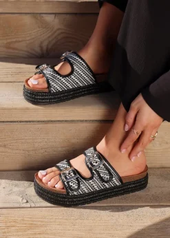 Linzi Cici Black Aztec Woven Double Buckle Flatform Slider Sandal