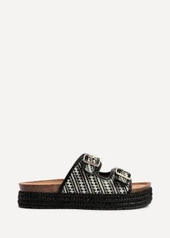 Linzi Cici Black Aztec Woven Double Buckle Flatform Slider Sandal