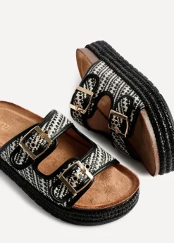 Linzi Cici Black Aztec Woven Double Buckle Flatform Slider Sandal