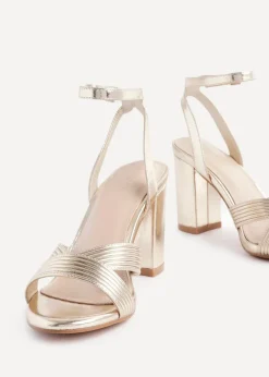 Linzi City Gold Faux Leather Block Heeled Sandal