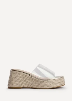 Linzi Clear Espresso Perspex Espadrille Inspired Mule Wedges