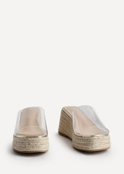 Linzi Clear Espresso Perspex Espadrille Inspired Mule Wedges