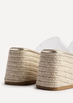 Linzi Clear Espresso Perspex Espadrille Inspired Mule Wedges