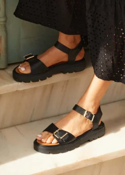 Linzi Comet Black Faux Grain Leather Chunky Sandal