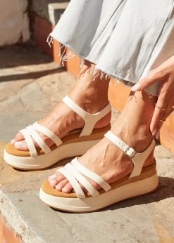 Linzi Cruise Ivory Faux Leather Triple Front Strap Sporty Sole Flatform Sandal