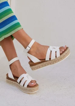 Linzi Dakota White Faux Leather Woven Espadrille Inspired Flatform Sandal