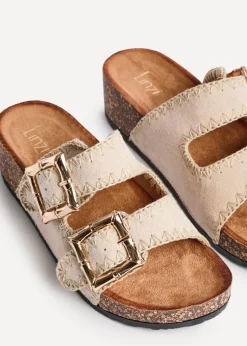 Linzi Darby Beige Faux Suede Double Buckle Sandal