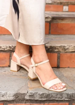 Linzi Darcie Sand Faux Leather Low Chunky Block Heeled Sandal