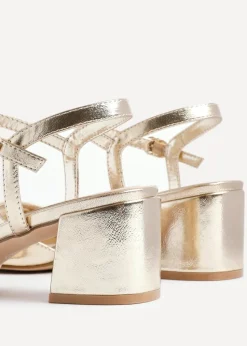 Linzi Darlene Gold Faux Leather Low Block Heeled Sandals