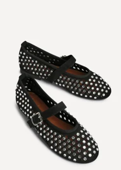 Linzi Delicate Black Suede Diamante Embellished Ballet Pumps