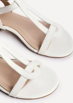 Linzi Deluxe Wide Fit White Faux Leather T Bar Looped Low Heeled Sandal