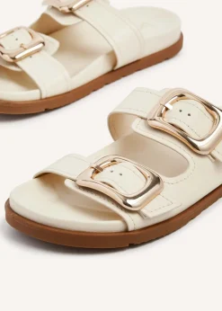 Linzi Denver Ivory Faux Leather Double Buckle Footbed Slider