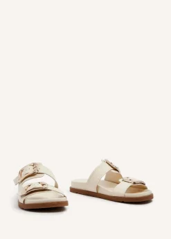 Linzi Denver Ivory Faux Leather Double Buckle Footbed Slider