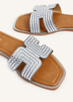 Linzi Devon Silver Diamante Link Design Flat Sandal