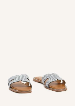 Linzi Devon Silver Diamante Link Design Flat Sandal