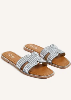 Linzi Devon Silver Diamante Link Design Flat Sandal