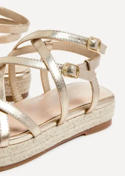 Linzi Dezi Gold Faux Leather Strappy Flatform Sandal