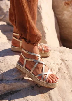 Linzi Dezi Gold Faux Leather Strappy Flatform Sandal